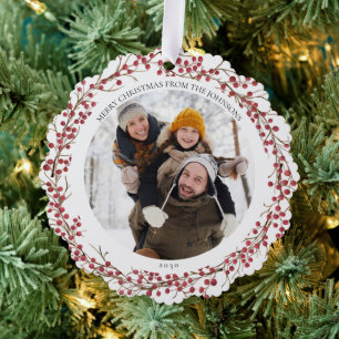 Natural Red Berry Frohe Weihnachts Foto Wreath Ornament Karte