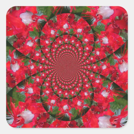 Natural Red Blume White Feather kaleidoscope art Quadratischer Aufkleber (Vorderseite)