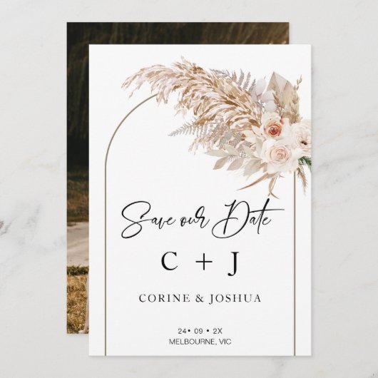 Natural Tones Arch Dry Floral Save the Date Card Einladung (Vorne/Hinten)