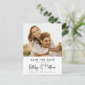 Natural White Fun Script Moderne Foto Wedding Gere Ankündigungspostkarte (Stehend Vorderseite)