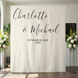 Natural White Script Minimalist Wedding Backdrop Wandteppich