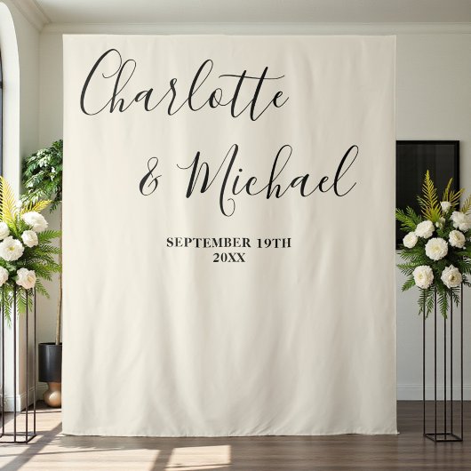 Natural White Script Minimalist Wedding Backdrop Wandteppich
