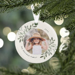 Naturally Joyful | Botanical Personalized Photo Ornament<br><div class="desc">This holiday season,  commemorate a special year with this elegant personalized photo Christmas ornament. Graceful sprigs of muted green painted watercolor mistletoe frame your photo,  with your name and the year curving around. Add a second photo to the reverse side.</div>