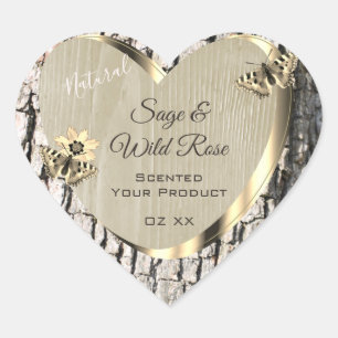 Naturbeige Tree Bark Gold Frame Produktkennzeichnu Herz-Aufkleber
