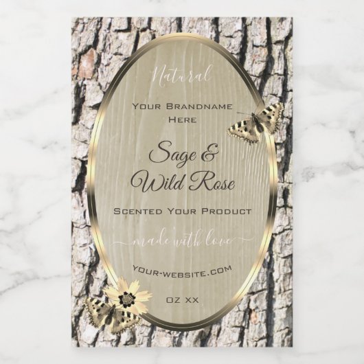 Naturbeige Tree Bark Gold Frame Produktkennzeichnu Lebensmitteletikett (Einzelnes Label)