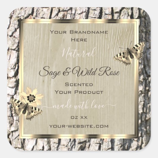 Naturbeige Tree Bark Gold Frame Produktkennzeichnu Quadratischer Aufkleber (Vorderseite)