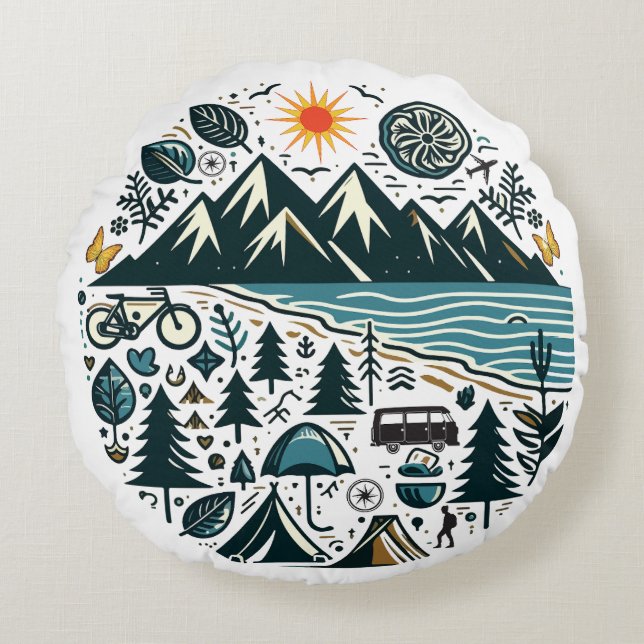 Nature Adventure Camping Travel Exploration Rundes Kissen (Vorderseite)