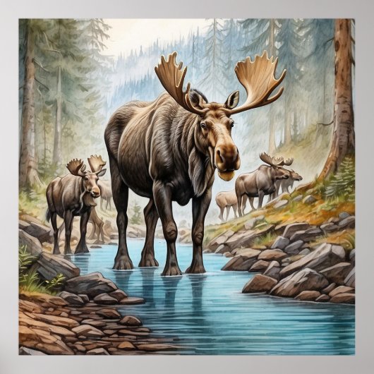 *~* Nature AP49 MOOSE HERD Forest STREAM Poster (Vorne)