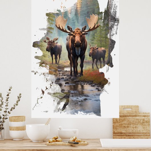 *~* Nature AP49 MOOSE Künstlerisch Forest Hütte Poster (Küche)