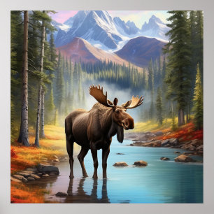 *~* Nature AP49 MOOSE Mountain Forest STREAM Poster