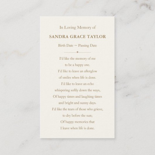 Nature Beileid Funeral Memorial Card Visitenkarte (Rückseite)