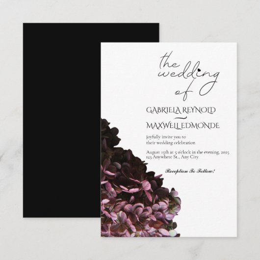 Nature Black & White Hydrangea Wedding Einladung (Vorne/Hinten)