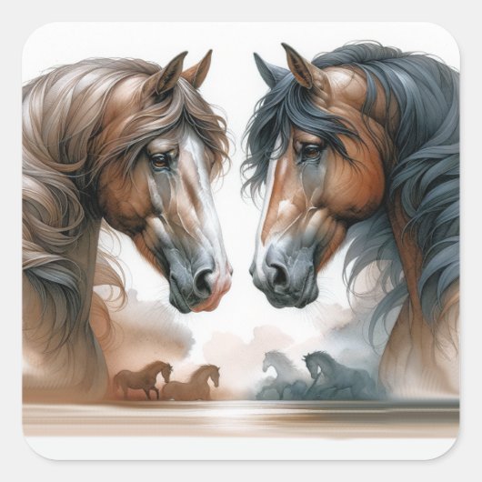 Nature Brown Horses Wedding Quadratischer Aufkleber (Vorderseite)