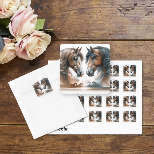 Nature Brown Horses Wedding Quadratischer Aufkleber