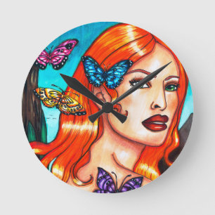 Nature Girl Butterfets originale Fantasy Art Canva Runde Wanduhr