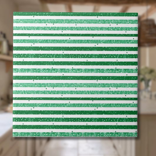 Nature Green White Horizontal Glitter Stripes Fliese