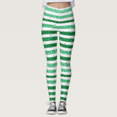 Nature Green White Horizontal Glitter Stripes Leggings (Vorderseite)