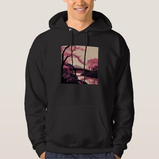 Nature Inspired Cherry Blossom River and Bridge Hoodie (Vorderseite)
