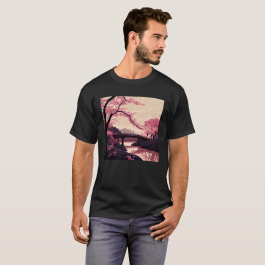Nature Inspired Cherry Blossom River and Bridge T-Shirt (Vorne ganz)