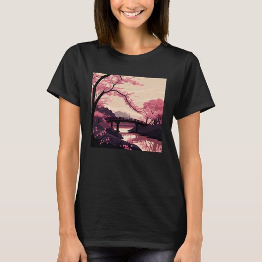 Nature Inspired Cherry Blossom River and Bridge T-Shirt (Vorderseite)