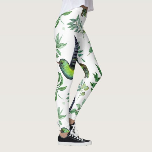 Nature-Inspirierte Grünblütenmuster-Blume Vogelmus Leggings (Rechts)