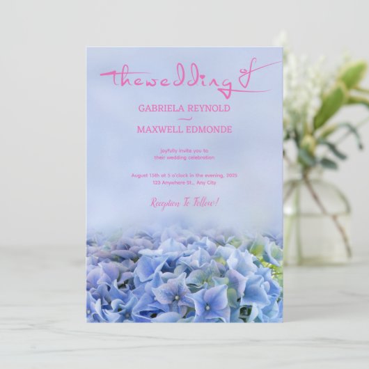 Nature Lila Blue Hydrangea Wedding Einladung (Stehend Vorderseite)