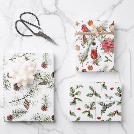 Nature Themed Christmas Greenery Red Bird Pine Geschenkpapier Set (Vorderseite)
