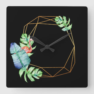 Nature Tropical Black Gold Flamingo Leaf Poligonal Quadratische Wanduhr