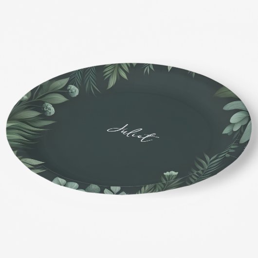 Naturegarten Pflanze Dunkles grünes Brautparty Pappteller (Schrägansicht)
