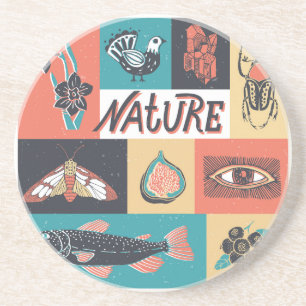 Naturelemente, Retrostil-Symbole. Getränkeuntersetzer