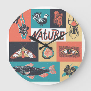 Naturelemente, Retrostil-Symbole. Große Wanduhr