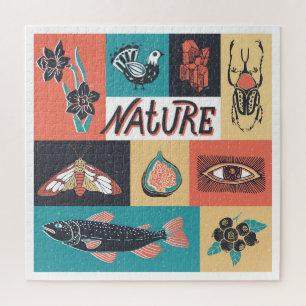 Naturelemente, Retrostil-Symbole. Puzzle