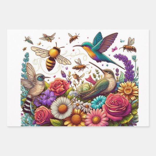 Nature's Ballet Hummingbirds Bees Amidst Blume Geschenkpapier Set (Vorderseite 2)