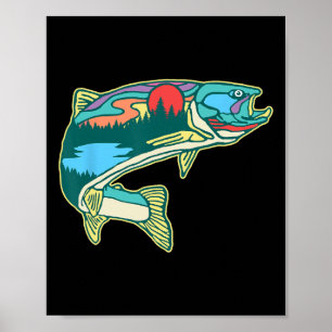 NaturForellenillustration Vintage Fliegenfischer Poster