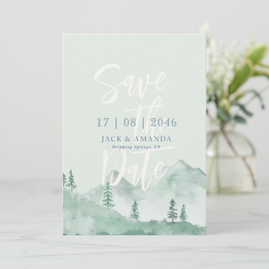 Naturhochzeit im Bergwald retten das Datum Einladung (Stehend Vorderseite)