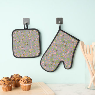 Naturinspirierte Blüten und Kreaturen Ofenhandschuh & Topflappen-Set