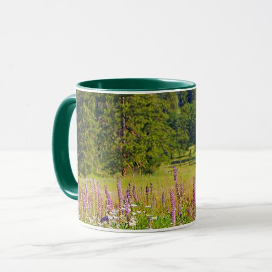 Naturlandschaft, grün, violett, Wiese, Wildblumen Tasse (Vorderseite Links)