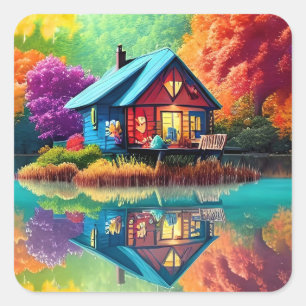 Naturlandschaft Illustration mit Hütte des Sees Quadratischer Aufkleber