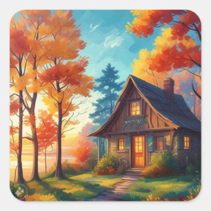 Naturlandschaft mit Hütte im Wald Quadratischer Aufkleber