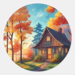 Naturlandschaft mit Hütte im Wald Runder Aufkleber