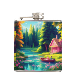 Naturlandschaft mit rosa Hütte Flachmann