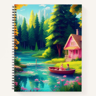 Naturlandschaft mit rosa Hütte Notizblock