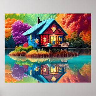 Naturlandschaft mit See, Hütte, Herbst Poster