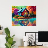 Naturlandschaft mit See, Hütte, Herbst Poster (Heimbüro)