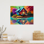 Naturlandschaft mit See, Hütte, Herbst Poster (Küche)