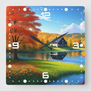 Naturlandschaft mit See und Cottage Quadratische Wanduhr