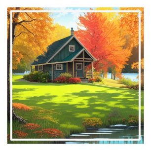 Naturlandschaft mit See und Hütte Fotodruck