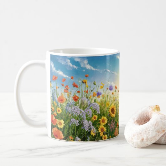 Naturlandschaft von Sonnenblumen und blauer Himmel Kaffeetasse (Mit Donut)