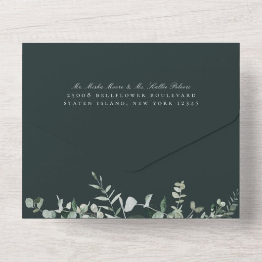 Natürliche botanische Grüne Smaragdgrüne Hochzeit All In One Einladung (Rückseite)