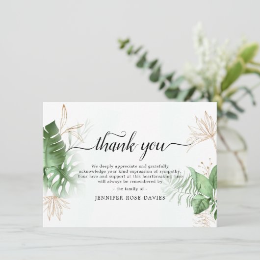Natürliche Grünanlagen & Gold Elegantes Beileid Dankeskarte (Stehend Vorderseite)